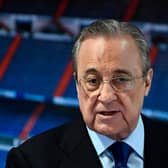 Real Madrid's president Florentino Perez gives a speech before the official presentation of a new Real Madrid player (Photo credit should read OSCAR DEL POZO/AFP via Getty Images)