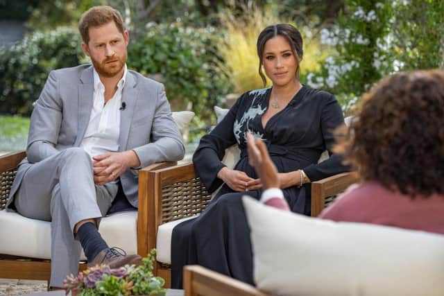 Oprah Winfrey interviews Prince Harry and Meghan Markle for a CBS Primetime Special (Photo: Harpo Productions/Joe Pugliese via Getty Images)