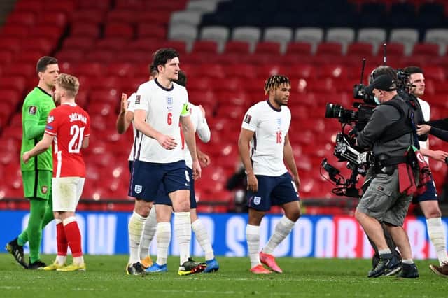 Harry Maguire of England is filmed by a steady cam after the FIFA World Cup 2022 Qatar qualifying match between England and Poland on March 31, 2021 at Wembley Stadium in London, England.