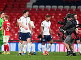 Harry Maguire of England is filmed by a steady cam after the FIFA World Cup 2022 Qatar qualifying match between England and Poland on March 31, 2021 at Wembley Stadium in London, England.