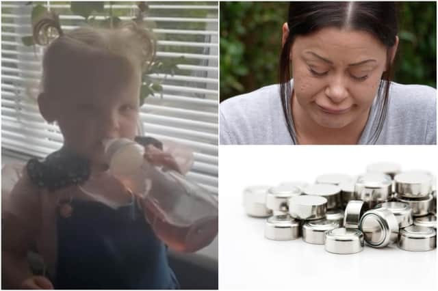 Stacey Nicklin, the mum of two-year-old toddler Harper-Lee, is raising awareness of button batteries after her daughter died from swallowing one (Photos: BBC/Shutterstock).
