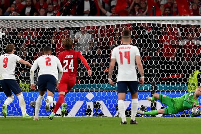 Kasper Schmeichel saves Harry Kane's penalty during England vs Denmark Euro 2020 semi final at Wembley. (Pic: Getty)