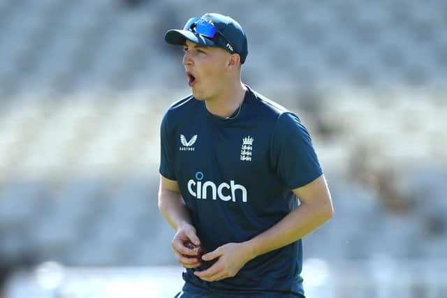 England player Harry Brook reacts during catching practice during England nets ahead of the first Ashes Test Match at Edgbaston on June 14, 2023 in Birmingham, England. (Picture: Stu Forster/Getty Images)
