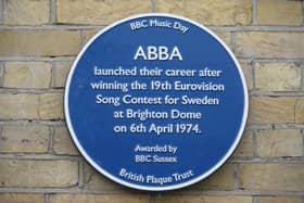 The new blue plaque marks the spot where Abba won the 19th Eurovision at Brighton Dome