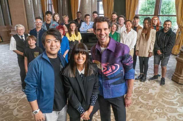 Pictured: (L-R) Lang Lang, Claudia Winkleman and Mika - with the amateur pianists behind. Credit: PA Photo/©Channel 4.