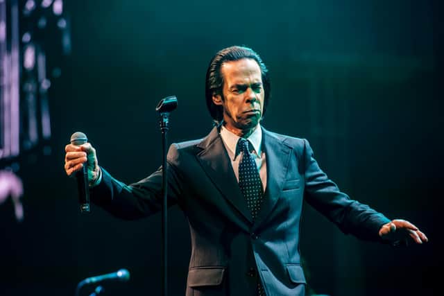 Australian musician and songwriter Nick Cave playing the first UK gig of the new tour at Leeds First Direct Arena with his band The Bad Seeds.