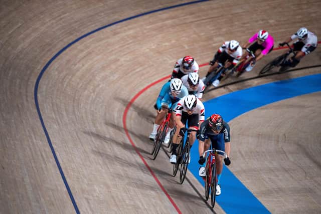 Cyclists compete during a track cycling test event ahead of the Tokyo 2020 Olympic and Paralympic Games at the Izu velodrome (Photo by CHARLY TRIBALLEAU/AFP via Getty Images)