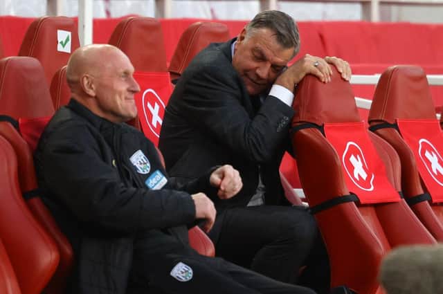 Sam Allardyce, manager of West Bromwich Albion, reacts during the defeat at Arsenal which confirmed relegation.