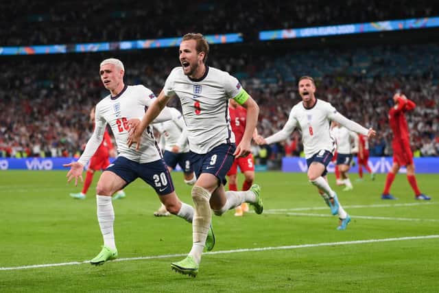 Harry Kane runs off in celebration after scoring the winner for England against Denmark in the Euro 2020 semi final. (Pic: Getty)