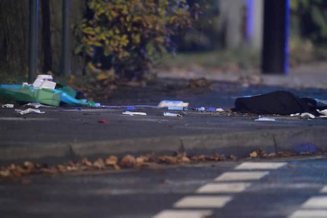 Paramedic paraphernalia on the ground in Horsforth, Leeds, after a 15-year-old boy was taken to hospital in a critical condition after he was assaulted near a school. Photo credit: Danny Lawson/PA Wire