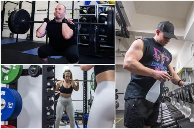Lift Gym Edinburgh owner Andy Smith prepares equipment (right) as a customer works out (bottom left), while it was a return to breaking a sweat at Crossfit 1298 in Falkirk (top left) (Credit: Michael Gillen/Lisa Ferguson)