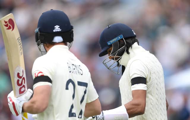 England openers Rory Burns and Haseeb Hameed enter the field wearing black arm bands in memory of former England player Ted Dexter during day two of the Third Test Match between England and India at Emerald Headingley Stadium on August 26, 2021 in Leeds, England. (Pic: Getty)