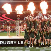 Australia celebrate with the trophy after winning the 2017 Rugby League World Cup Final. The border control issues in Australia are threatening the 2021 tournament.