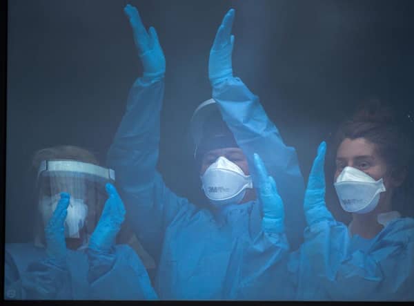 NHS staff at the Queen Elizabeth Hospital in Glasgow clapped for carers on 30 April 2020, as the NHS struggled to supply adequate PPE for key workers (picture Getty Images)