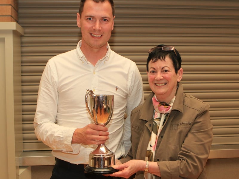 The Edward Orr Memorial Perpetual Cup for Best Bull Calf born in the year of the show was won by Shane and Paul McDonald for Coolcran Titan. Pictured is Paul and Clogher Show secretary, Ruth Montgomery.