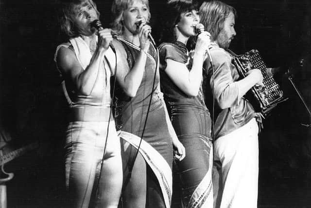 Swedish pop group Abba (left to right) Bjorn Ulvaeus, Agnetha Faltskog, Anni-Frid Lyngstad and Benny Andersson, in concert (Photo: Evening Standard/Getty Images)
