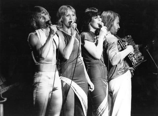 Swedish pop group Abba (left to right) Bjorn Ulvaeus, Agnetha Faltskog, Anni-Frid Lyngstad and Benny Andersson, in concert (Photo: Evening Standard/Getty Images)