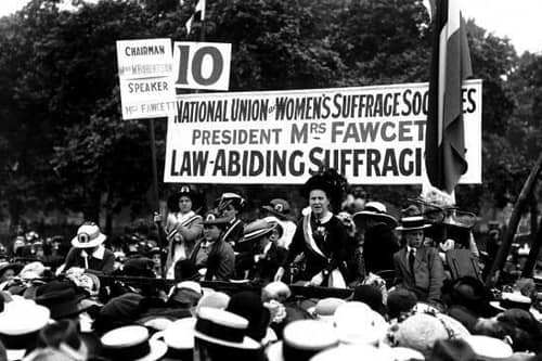 Leader Millicent Fawcett addressing a suffragist rally