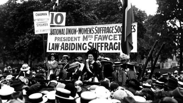 Leader Millicent Fawcett addressing a suffragist rally