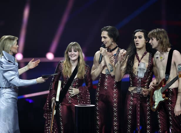 The Italian rock band won the 2021 competition with their song Zitti e Buoni, getting 524 points.(Photo by Dean Mouhtaropoulos/Getty Images)