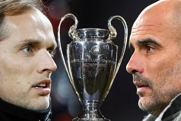 Thomas Tuchel, Manager of Chelsea and Pep Guardiola, Manager of Manchester City (Photo by Srdjan Stevanovic/Getty Images) (Photo by Laurence Griffiths/Getty Images) (Photo by Dan Mullan/Getty Images)