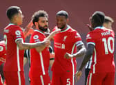 Mohamed Salah of Liverpool celebrates with team mates Roberto Firmino, Sadio Mane and Georginio Wijnaldum.  (Photo by David Klein - Pool/Getty Images)