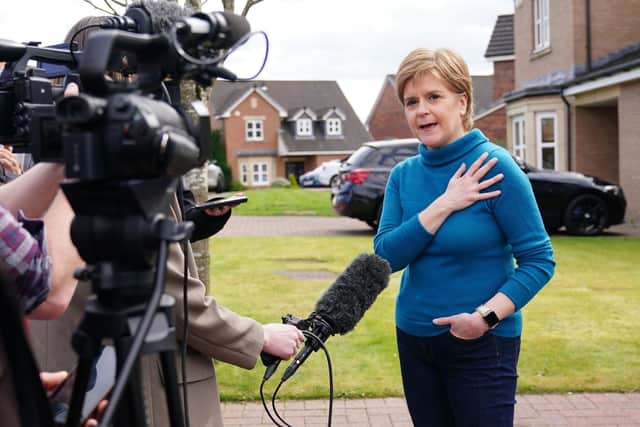 Former leader of the Scottish National Party (SNP)  Nicola Sturgeon speaking to the media outside her home (Pic: Jane Barlow/PA Wire)