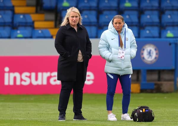 Manager, Emma Hayes and Fran Kirby of Chelsea. (Photo by Catherine Ivill/Getty Images)