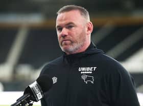 Wayne Rooney, manager of Derby County, is interviewed after the pre-season friendly match against Real Betis at Pride Park on July 28, 2021 in Derby, England. (Photo by Charlotte Tattersall/Getty Images)