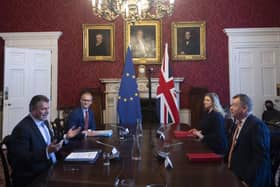 Brexit minister Lord Frost, flanked by Paymaster General Penny Mordaunt, sitting opposite European Commission vice president Maros Sefcovic, who is flanked by Principal Adviser, Service for the EU-UK Agreements (UKS) Richard Szostak (PA)