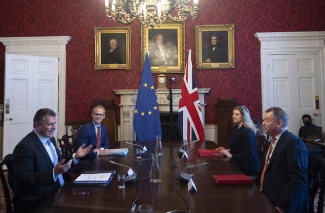 Brexit minister Lord Frost, flanked by Paymaster General Penny Mordaunt, sitting opposite European Commission vice president Maros Sefcovic, who is flanked by Principal Adviser, Service for the EU-UK Agreements (UKS) Richard Szostak (PA)
