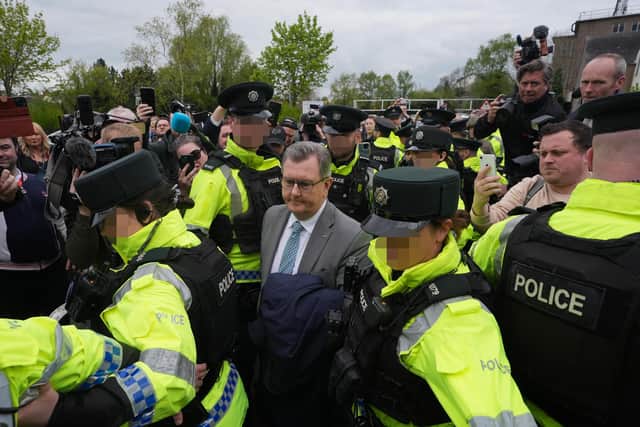 Former DUP leader Jeffrey Donaldson leaving Newry Magistrates' Court, after he was released on bail for child sex abuse charges in April 2024.