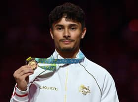 Jake Jarman with his fourth Gold medal of the 2022 Commonwealth Games. (Photo by PAUL ELLIS/AFP via Getty Images)