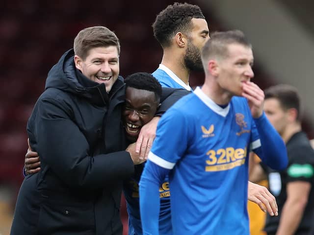 MOTHERWELL, SCOTLAND - OCTOBER 30: Rangers manager Steven Gerrard is seen with Fashion Sakala during the Cinch Scottish Premiership match between Motherwell FC and Rangers FC at  on October 30, 2021 in Motherwell, Scotland. (Photo by Ian MacNicol/Getty Images)