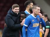 MOTHERWELL, SCOTLAND - OCTOBER 30: Rangers manager Steven Gerrard is seen with Fashion Sakala during the Cinch Scottish Premiership match between Motherwell FC and Rangers FC at  on October 30, 2021 in Motherwell, Scotland. (Photo by Ian MacNicol/Getty Images)