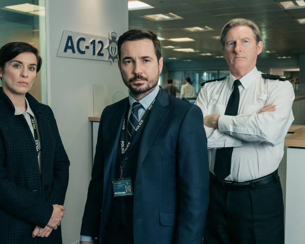 Martin Compston, centre, with Line Of Duty co-stars Vicky McClure  and Adrian Dunbar (Pic: Aiden Monaghan/World Productions/BBC/PA Wire)