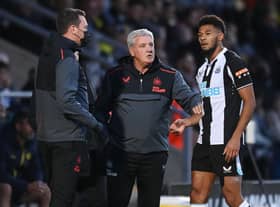 Newcastle manager Steve Bruce speaks to Joelinton of Newcastle during the pre-season friendly between Burton Albion and Newcastle United at the Pirelli Stadium on July 30, 2021 in Burton-upon-Trent, England. (Photo by Michael Regan/Getty Images)