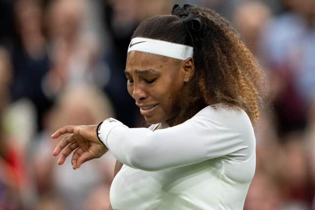 Serena Williams was emotional after pulling out of her match against Aliaksandra Sasnovich in the first round of the Ladies' Singles at Wimbledon (PA).