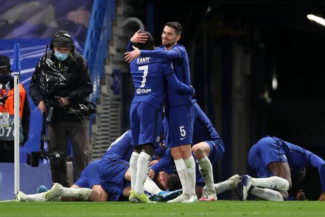Jorginho and N'Golo Kante of Chelsea celebrate after Mason Mount (obstructed) scored their team's second goal.