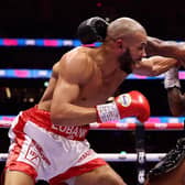 Chris Eubank Jr and Conor Benn exchange punches during the Middleweight fight. (Photo by Richard Pelham/Getty Images)