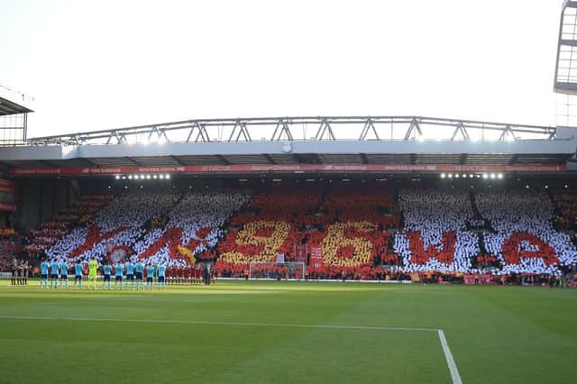 Players observe a minute of applause and unveil a special "96 mosaic" in the crowd to mark the 29th Anniversary of the Hillsborough tragedy in 2018.
