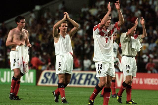 Christian Dailly (22), David Weir (16), Tom Boyd (2) and Paul Lambert (14) applaud the Scotland fans after the final whistle in 1998.