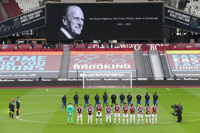 West Ham United and Leicester City players observe a two minute silence prior to kick off, following the death of the Duke of Edinburgh at the age of 99.