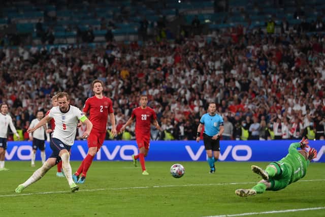 Harry Kane scored from the rebound of a missed penalty past Denmark's Kasper Schmeichel during the UEFA Euro 2020 Championship semi-final match at Wembley Stadium (Getty Images)