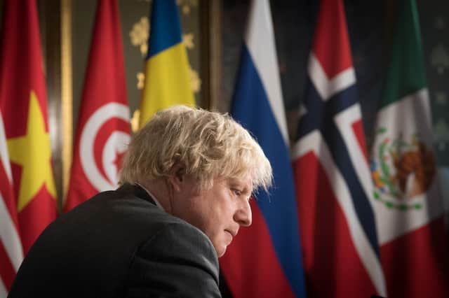 Boris Johnson chairs a virtual session of the UN Security Council on climate and security at the Foreign, Commonwealth and Development Office in February 2021 (Getty Images)