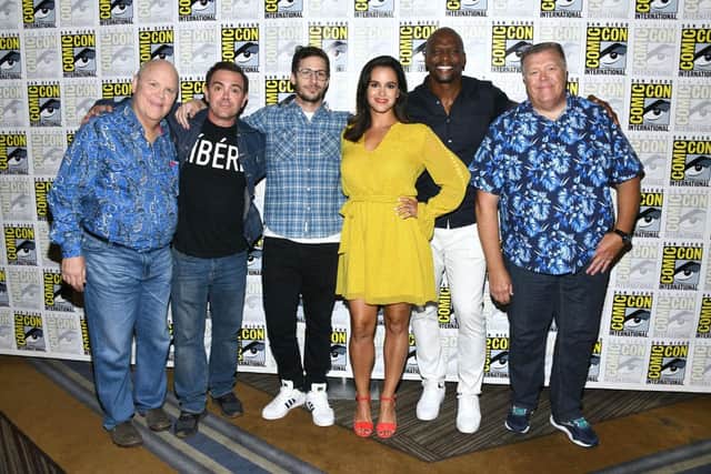 The cast of Brooklyn Nine-Nine: Dirk Blocker, Joe Lo Truglio, Andy Samberg, Melissa Fumero, Terry Crews and Joel McKinnon Miller at 2019 Comic-Con International. (Pic: Getty Images)