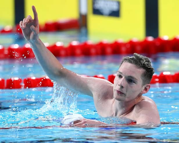 SMETHWICK, ENGLAND - JULY 30: Duncan Scott of Team Scotland celebrates winning gold in the Men's 200m Freestyle Final on day two of the Birmingham 2022 Commonwealth Games at Sandwell Aquatics Centre on July 30, 2022 on the Smethwick, England. (Photo by Quinn Rooney/Getty Images)