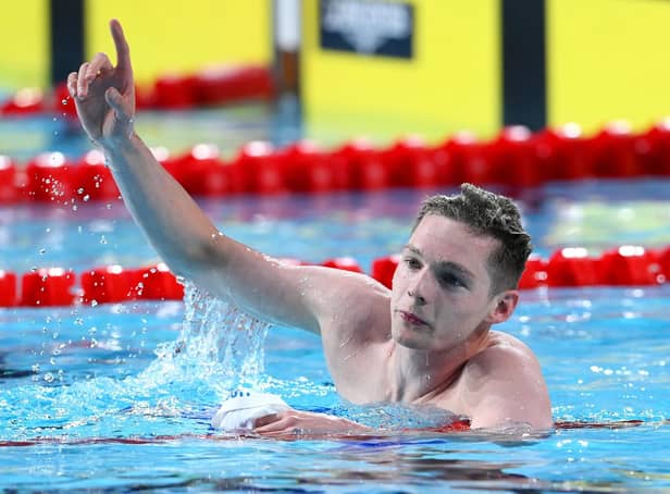 SMETHWICK, ENGLAND - JULY 30: Duncan Scott of Team Scotland celebrates winning gold in the Men's 200m Freestyle Final on day two of the Birmingham 2022 Commonwealth Games at Sandwell Aquatics Centre on July 30, 2022 on the Smethwick, England. (Photo by Quinn Rooney/Getty Images)