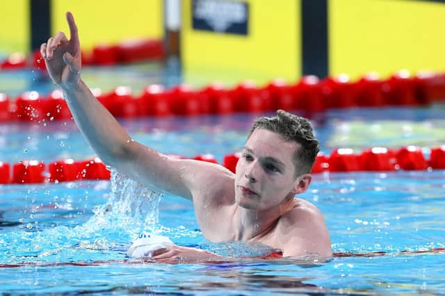 <p>SMETHWICK, ENGLAND - JULY 30: Duncan Scott of Team Scotland celebrates winning gold in the Men's 200m Freestyle Final on day two of the Birmingham 2022 Commonwealth Games at Sandwell Aquatics Centre on July 30, 2022 on the Smethwick, England. (Photo by Quinn Rooney/Getty Images)</p>