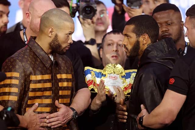 Chris Eubank Jr and Conor Benn face off ahead of the Middleweight fight between Chris Eubank Jr and Conor Benn during the Fatal Fury - Press Conference on April 24, 2025 in London, England. (Photo by Richard Pelham/Getty Images)